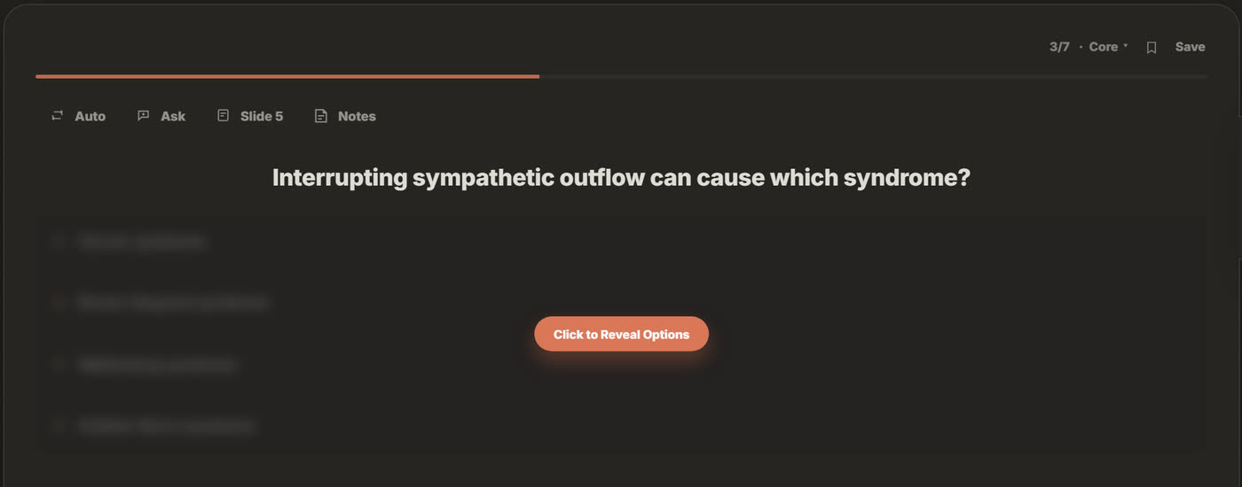 Hard mode on a question about the triad of Horner syndrome: the answer choices are blurred behind a Click to Reveal Options button.