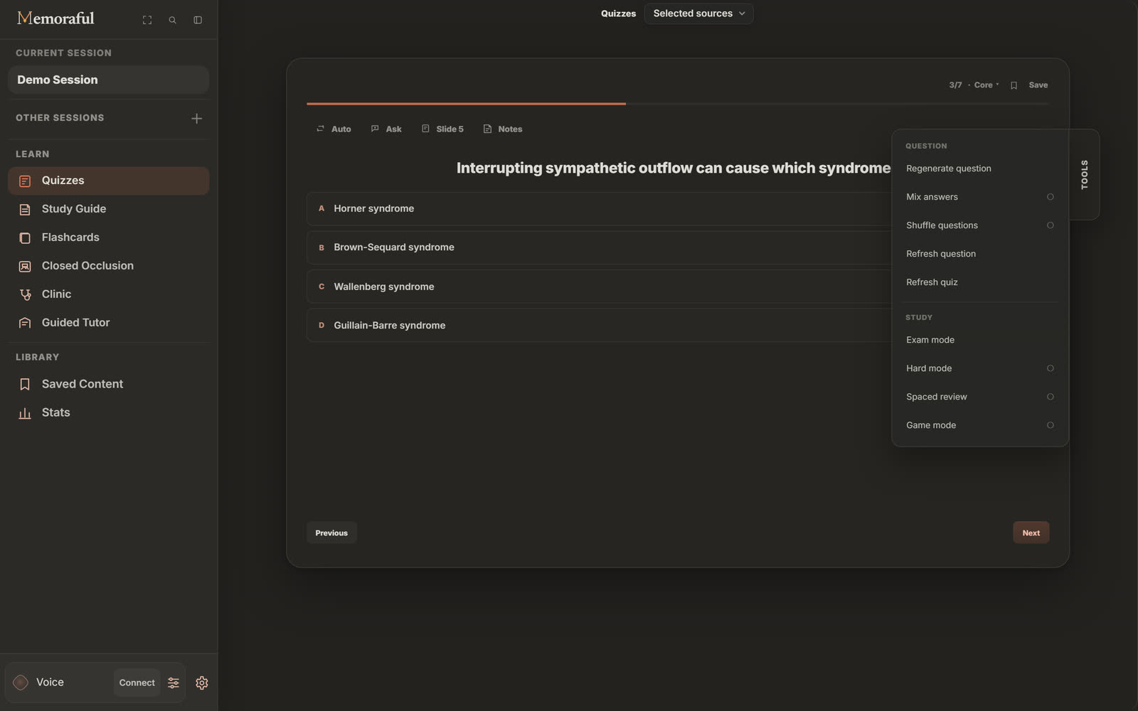 A Memoraful quiz question about Horner syndrome with the Tools menu open, showing Question tools (Regenerate question, Mix answers, Shuffle questions, Refresh question, Refresh quiz) and Study tools (Exam mode, Hard mode, Spaced review, Game mode).