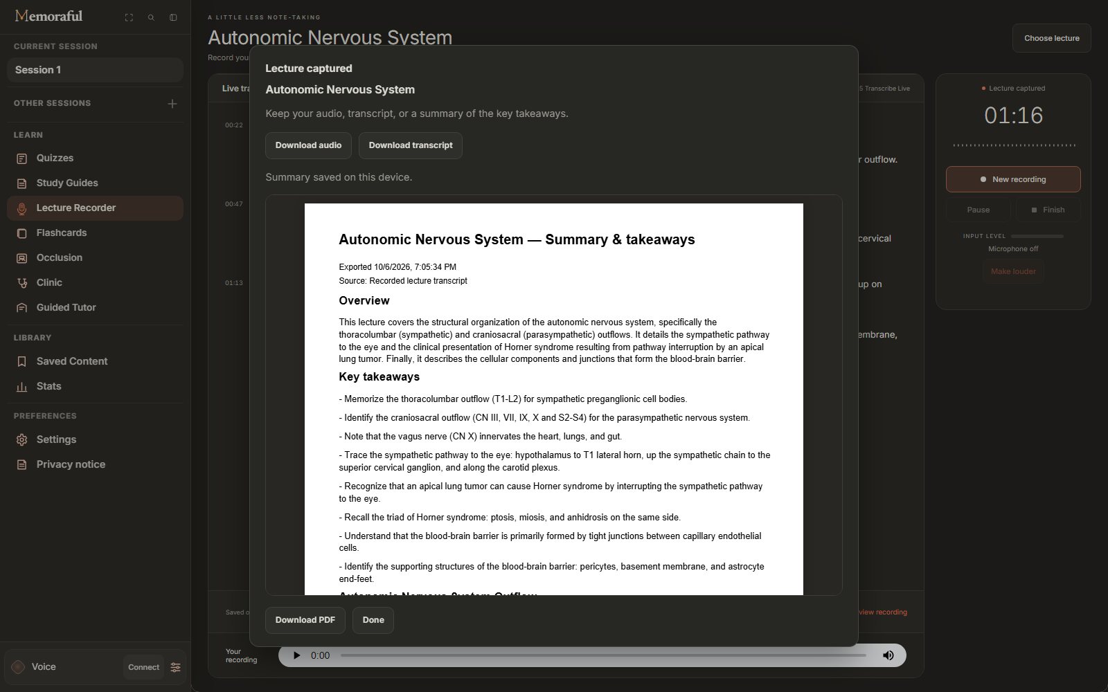 A PDF preview titled Autonomic Nervous System, Summary and takeaways, with an overview and key takeaways on thoracolumbar and craniosacral outflow, the sympathetic pathway to the eye, Horner syndrome and the blood-brain barrier, plus a Download PDF button.